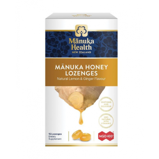 Manuka Health GingerLemon Lozenges 400 蜜纽康MGO 400 麦卢卡蜂蜜润喉糖生姜柠檬味 15粒 【保质期07/2026】