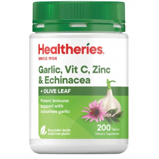 Healtheries Garlic, Vit C, Zinc & Echinacea with Olive Leaf 贺寿利大蒜+维c+锌+紫锥菊+橄榄叶 200片【保质期2028/02】