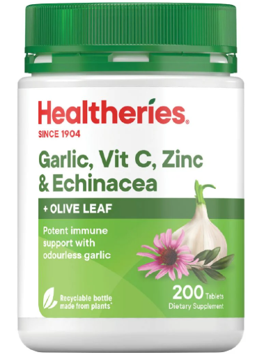 Healtheries Garlic, Vit C, Zinc &amp; Echinacea with Olive Leaf 贺寿利大蒜+维c+锌+紫锥菊+橄榄叶 200片【保质期2028/09】